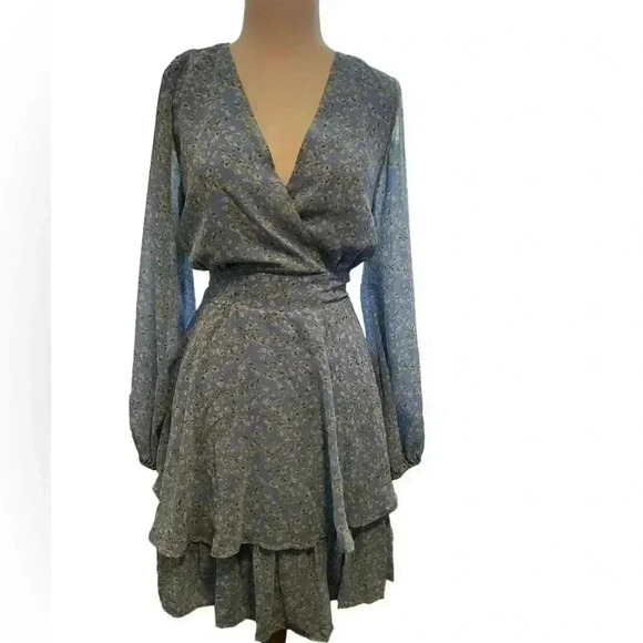 Light Blue with Yellow Floral Japna Long Sleeve Smocked Waist Mini Dress Size L - Picture 3 of 13